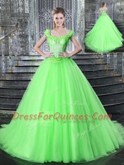 Brush Train Ball Gowns Quinceanera Dress Straps Tulle Sleeveless With Train Lace Up