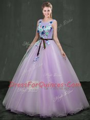 Scoop Lavender Sleeveless Floor Length Appliques Lace Up Vestidos de Quinceanera