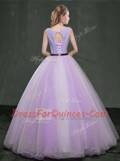 Scoop Lavender Sleeveless Floor Length Appliques Lace Up Vestidos de Quinceanera