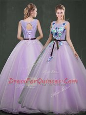 Scoop Lavender Sleeveless Floor Length Appliques Lace Up Vestidos de Quinceanera