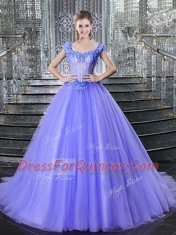 Pretty Straps With Train Ball Gowns Sleeveless Lavender Vestidos de Quinceanera Brush Train Lace Up