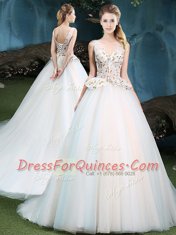 With Train White 15th Birthday Dress V-neck Sleeveless Brush Train Lace Up