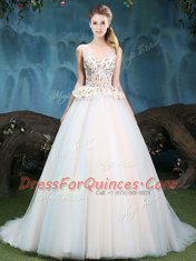 With Train White 15th Birthday Dress V-neck Sleeveless Brush Train Lace Up