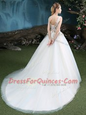 With Train White 15th Birthday Dress V-neck Sleeveless Brush Train Lace Up