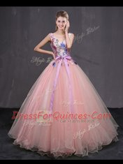 Floor Length Baby Pink Vestidos de Quinceanera Tulle Sleeveless Appliques and Belt