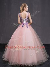 Floor Length Baby Pink Vestidos de Quinceanera Tulle Sleeveless Appliques and Belt