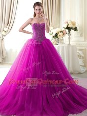 Designer Brush Train Ball Gowns Quinceanera Dress Fuchsia Sweetheart Tulle Sleeveless With Train Lace Up