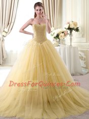 Gold Lace Up Quince Ball Gowns Beading Sleeveless Floor Length
