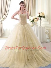 Gold Lace Up Quince Ball Gowns Beading Sleeveless Floor Length