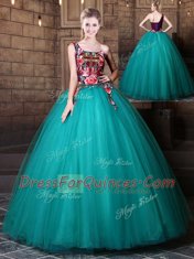 Hot Selling One Shoulder Teal Tulle Lace Up Sweet 16 Quinceanera Dress Sleeveless Floor Length Pattern