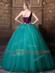Hot Selling One Shoulder Teal Tulle Lace Up Sweet 16 Quinceanera Dress Sleeveless Floor Length Pattern