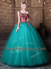 Hot Selling One Shoulder Teal Tulle Lace Up Sweet 16 Quinceanera Dress Sleeveless Floor Length Pattern