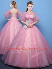 Stylish Scoop Pink and Turquoise Tulle Lace Up Quinceanera Dress Half Sleeves Floor Length Appliques