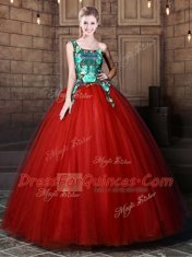 Custom Designed One Shoulder Floor Length Lace Up Vestidos de Quinceanera Rust Red for Military Ball and Sweet 16 and Quinceanera with Pattern