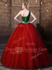 Custom Designed One Shoulder Floor Length Lace Up Vestidos de Quinceanera Rust Red for Military Ball and Sweet 16 and Quinceanera with Pattern