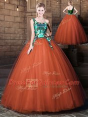 Custom Designed One Shoulder Floor Length Lace Up Vestidos de Quinceanera Rust Red for Military Ball and Sweet 16 and Quinceanera with Pattern