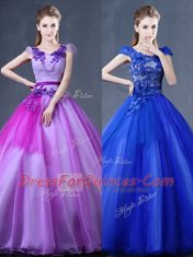 Traditional Purple Ball Gowns V-neck Short Sleeves Organza Floor Length Lace Up Lace and Appliques Sweet 16 Dresses