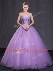 Eye-catching Lavender Ball Gowns Tulle Sweetheart Sleeveless Appliques Floor Length Lace Up Ball Gown Prom Dress