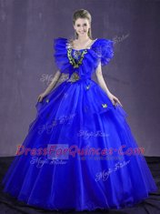 Floor Length Royal Blue Quinceanera Gowns Organza Sleeveless Appliques and Ruffles