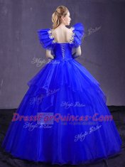 Floor Length Royal Blue Quinceanera Gowns Organza Sleeveless Appliques and Ruffles