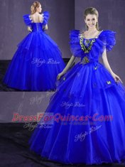 Floor Length Royal Blue Quinceanera Gowns Organza Sleeveless Appliques and Ruffles