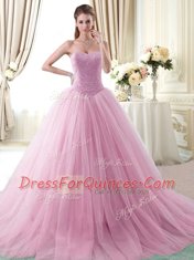 Rose Pink Tulle Lace Up Sweetheart Sleeveless With Train Quinceanera Dresses Brush Train Beading