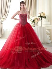 Great Sweetheart Sleeveless Quince Ball Gowns With Brush Train Beading Red Tulle