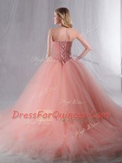 Great Sweetheart Sleeveless Quince Ball Gowns With Brush Train Beading Red Tulle
