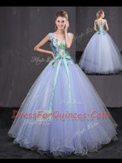 Luxury Lavender Lace Up Appliques and Belt Quince Ball Gowns Tulle Sleeveless