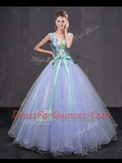 Luxury Lavender Lace Up Appliques and Belt Quince Ball Gowns Tulle Sleeveless