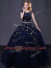 Top Selling Navy Blue Scoop Neckline Beading and Belt Sweet 16 Dress Cap Sleeves Lace Up