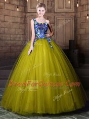 Cute Floor Length Olive Green Sweet 16 Dress One Shoulder Sleeveless Lace Up