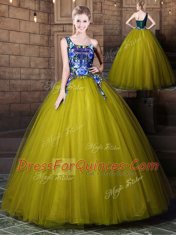 Cute Floor Length Olive Green Sweet 16 Dress One Shoulder Sleeveless Lace Up