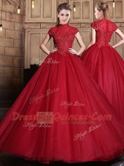 Colorful Wine Red Short Sleeves Appliques Floor Length Sweet 16 Dress
