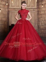 Colorful Wine Red Short Sleeves Appliques Floor Length Sweet 16 Dress