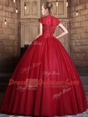 Colorful Wine Red Short Sleeves Appliques Floor Length Sweet 16 Dress