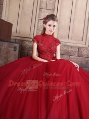 Colorful Wine Red Short Sleeves Appliques Floor Length Sweet 16 Dress