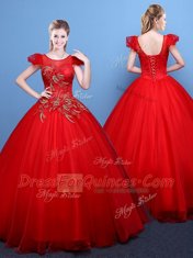 Hot Selling Scoop Short Sleeves Floor Length Appliques Lace Up Quinceanera Gowns with Red
