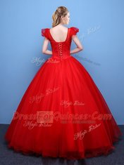 Hot Selling Scoop Short Sleeves Floor Length Appliques Lace Up Quinceanera Gowns with Red