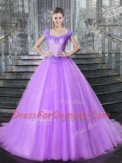 Captivating Straps Sleeveless Tulle Sweet 16 Dresses Beading and Appliques Brush Train Lace Up