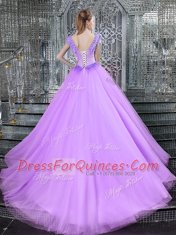 Captivating Straps Sleeveless Tulle Sweet 16 Dresses Beading and Appliques Brush Train Lace Up