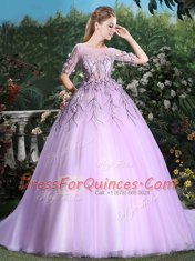 Scoop Lilac Short Sleeves Tulle Brush Train Backless Sweet 16 Quinceanera Dress for Military Ball and Sweet 16 and Quinceanera