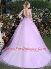 Scoop Lilac Short Sleeves Tulle Brush Train Backless Sweet 16 Quinceanera Dress for Military Ball and Sweet 16 and Quinceanera