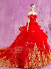 New Style Off the Shoulder Beading and Appliques and Ruffles Quinceanera Dresses Red Lace Up Sleeveless With Train Court Train