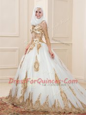 White 3 4 Length Sleeve Sweep Train Appliques Quinceanera Dress