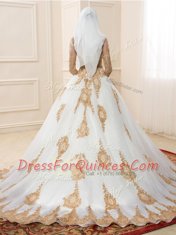 White 3 4 Length Sleeve Sweep Train Appliques Quinceanera Dress