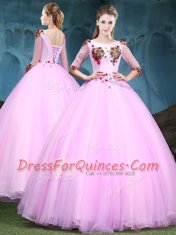 Scoop Baby Pink Ball Gowns Appliques Sweet 16 Dresses Lace Up Tulle Half Sleeves Floor Length