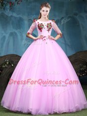 Scoop Baby Pink Ball Gowns Appliques Sweet 16 Dresses Lace Up Tulle Half Sleeves Floor Length