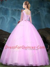 Scoop Baby Pink Ball Gowns Appliques Sweet 16 Dresses Lace Up Tulle Half Sleeves Floor Length