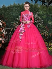 New Arrival Long Sleeves Brush Train Appliques Lace Up Quince Ball Gowns